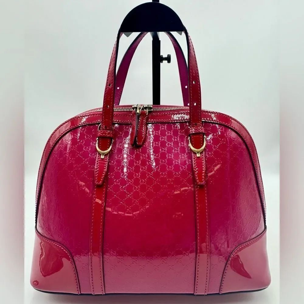 Auth Gucci Bright Bouganville Microguccisima Patent Leather Small Nice Dome Bag